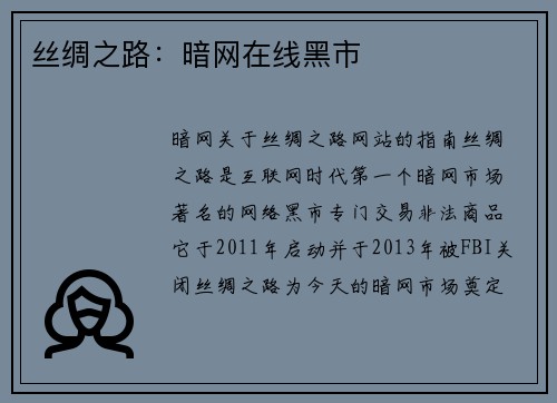丝绸之路：暗网在线黑市